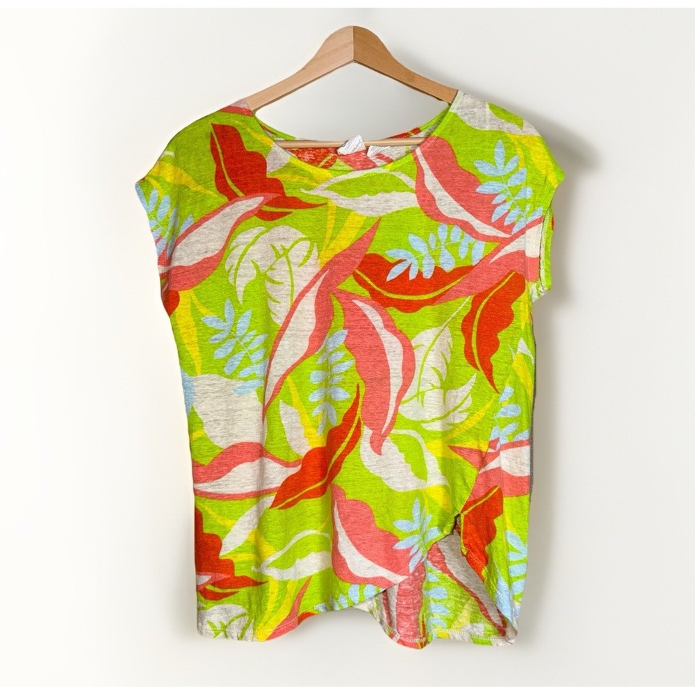 C&C California Linen Top Womens Medium Tropical Multicolor Floral Short Sleeve